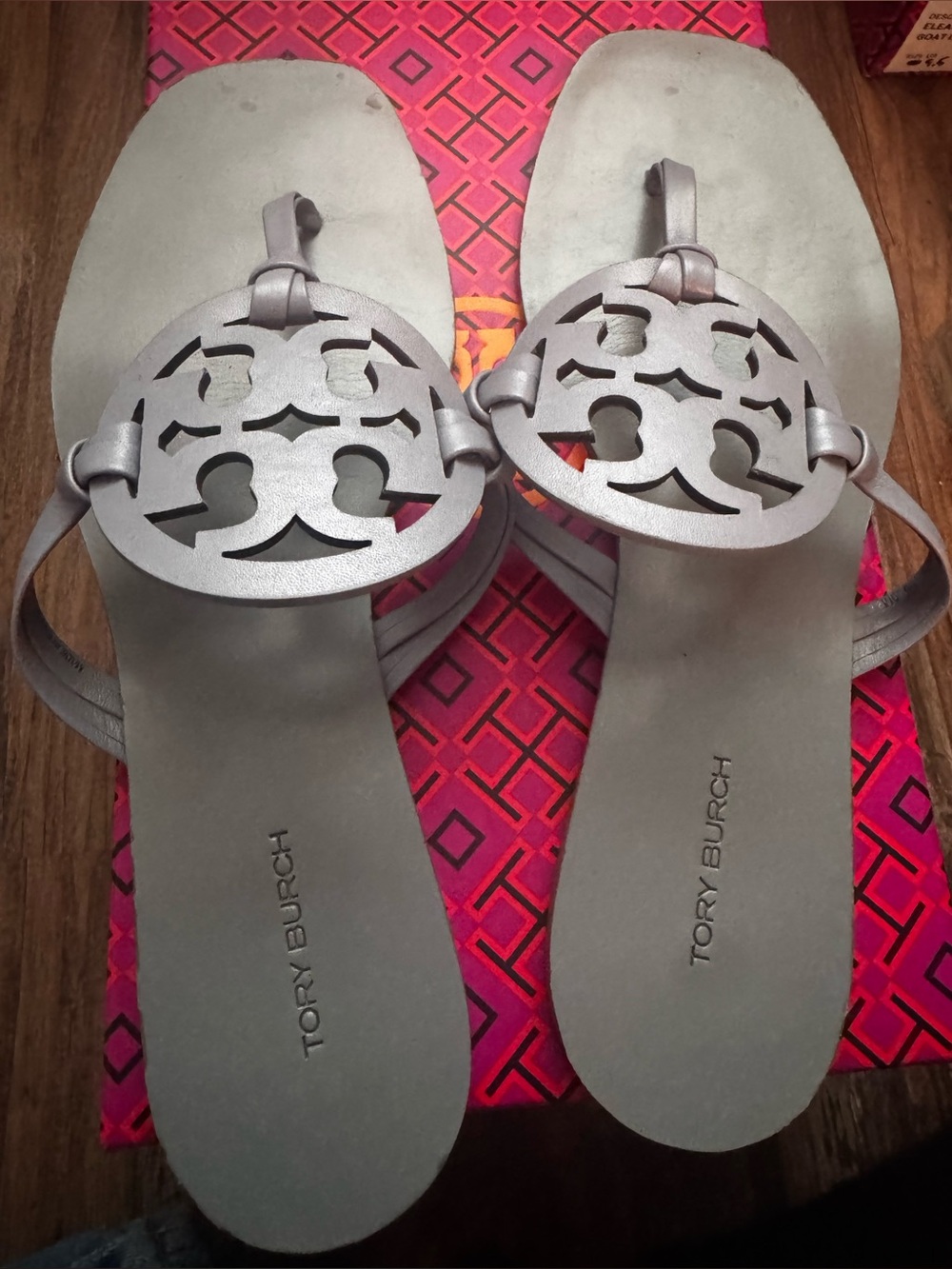 Tory Burch Silver Logo Thong Sandals
